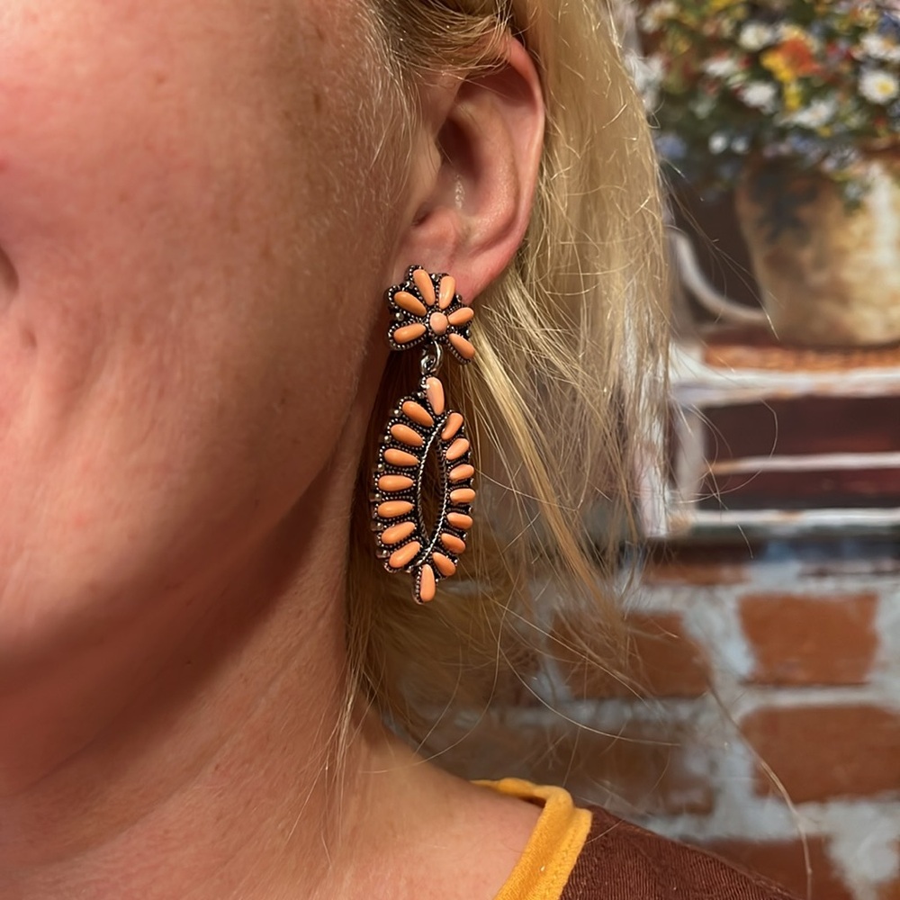 Boho Oval Blossom and Natural Coral Stone Earrings - Picture 10 of 10